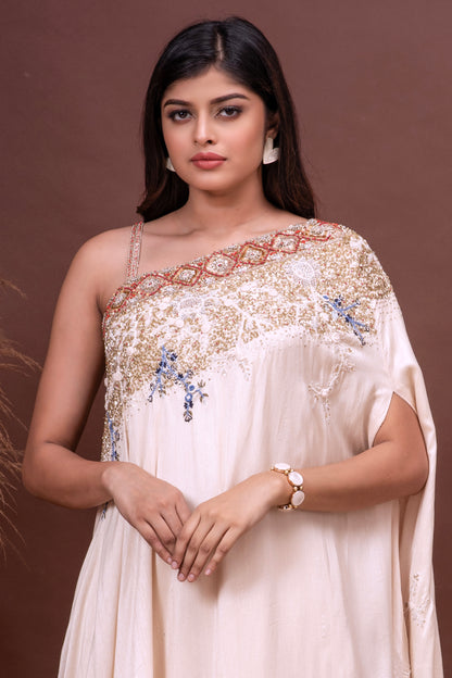 Beige Bamberg Silk Cross Shoulder Embroidered Fusion Set