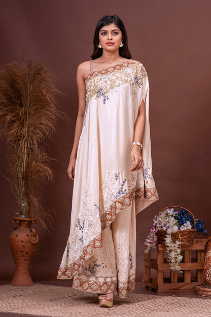 Beige Bamberg Silk Cross Shoulder Embroidered Fusion Set