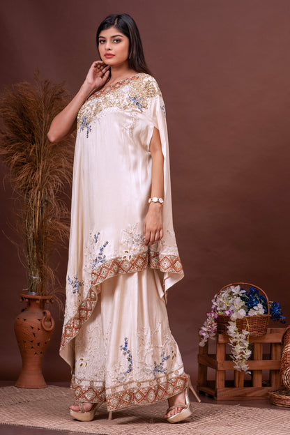 Beige Bamberg Silk Cross Shoulder Embroidered Fusion Set