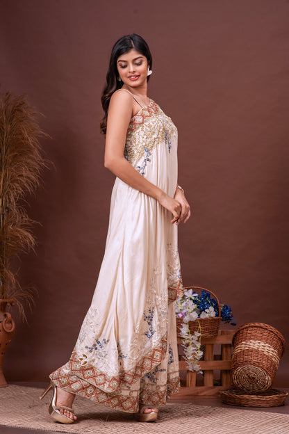 Beige Bamberg Silk Cross Shoulder Embroidered Fusion Set