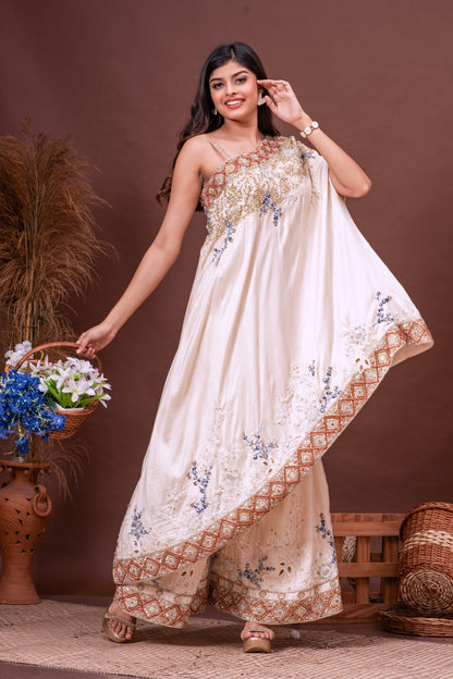 Beige Bamberg Silk Cross Shoulder Embroidered Fusion Set