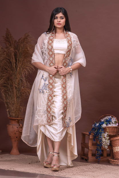 Beige Silk Organza Embroidered Skirt Set