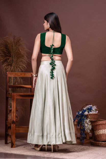 Mint Green & Bottle Green Silk Organza Cape Skirt Set