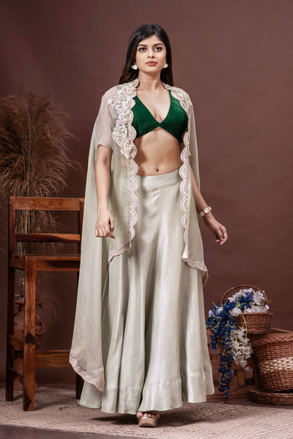 Mint Green & Bottle Green Silk Organza Cape Skirt Set