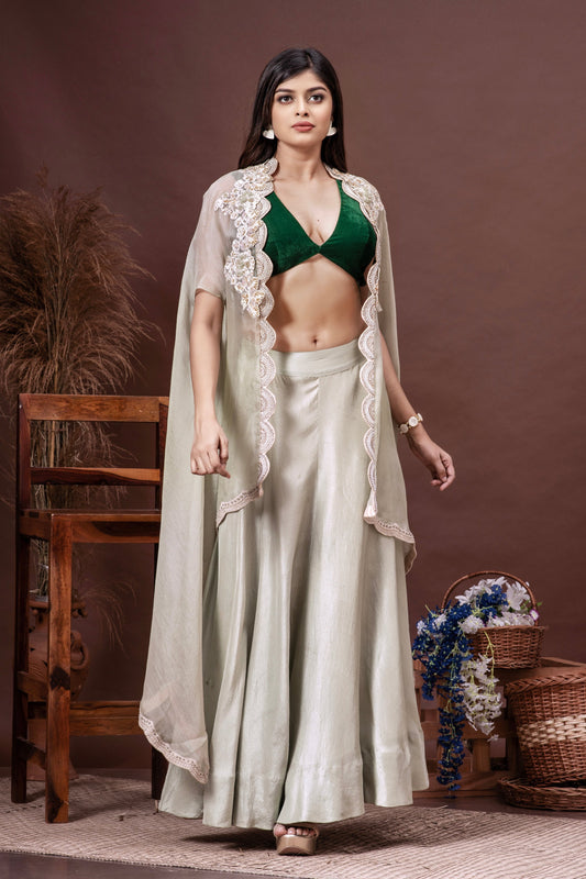 Mint Green & Bottle Green Silk Organza Cape Skirt Set