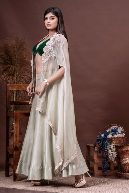 Mint Green & Bottle Green Silk Organza Cape Skirt Set