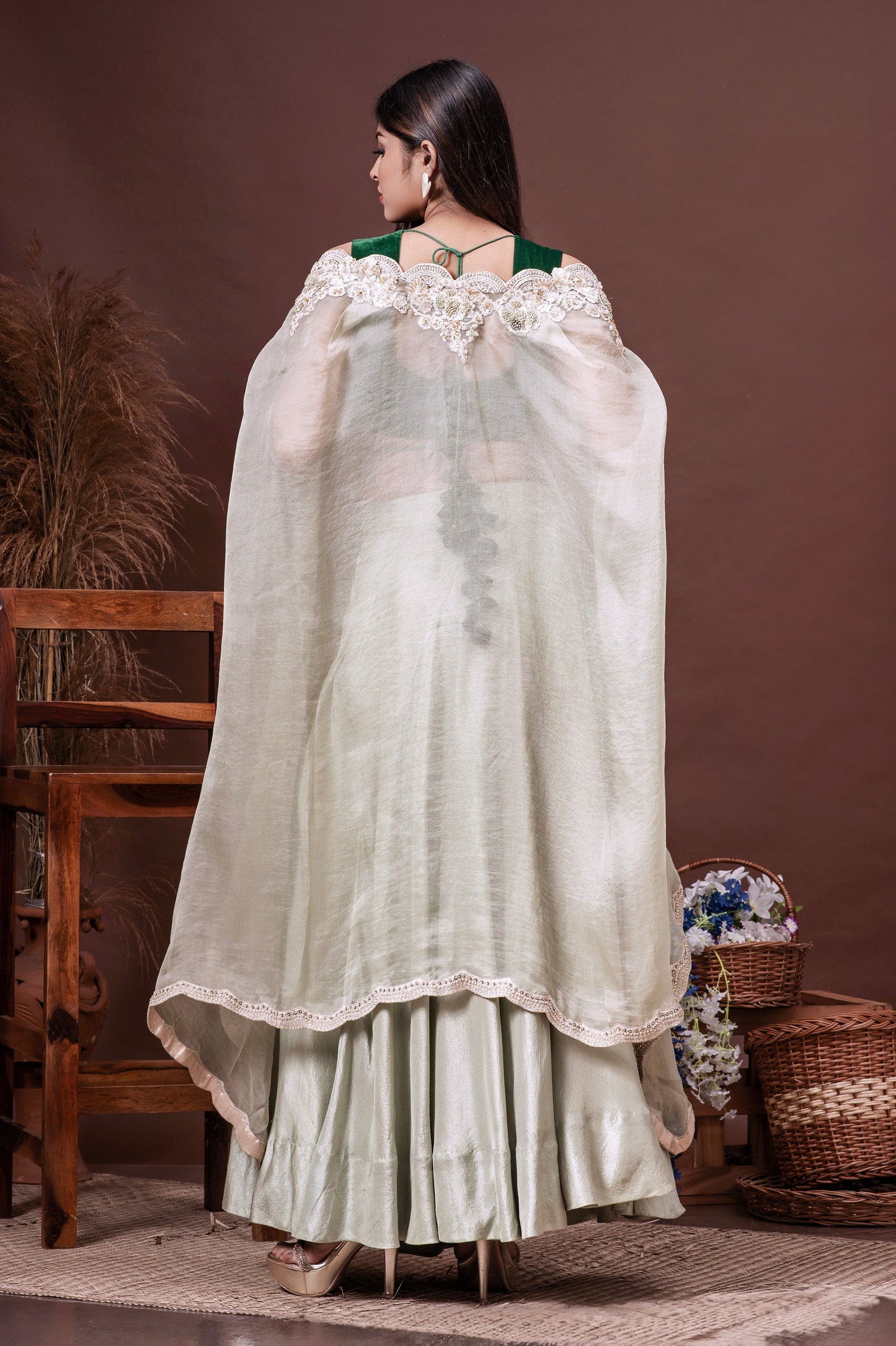 Mint Green & Bottle Green Silk Organza Cape Skirt Set