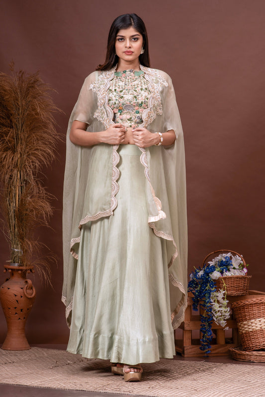 Mint Green Silk Organza Embroidered Cape Set
