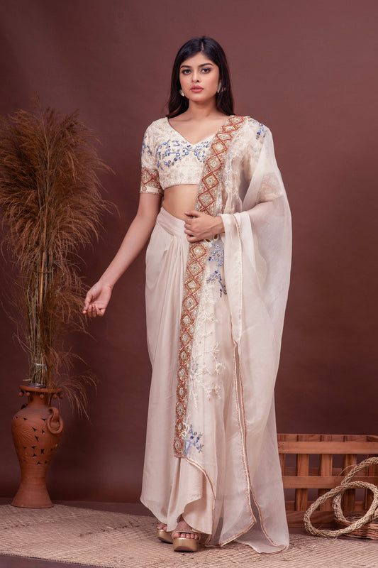 Beige Bamberg Silk Embroidered Blouse & Draped Skirt Set