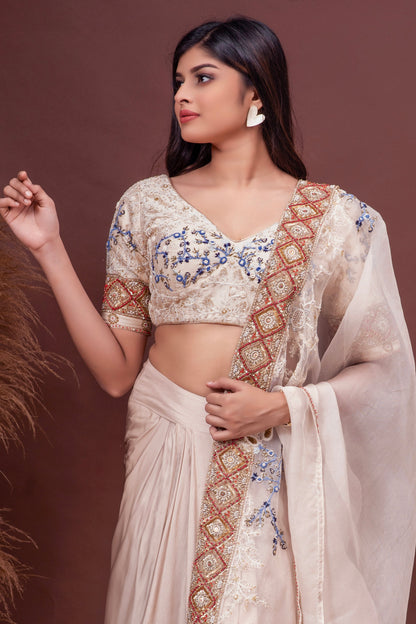 Beige Bamberg Silk Embroidered Blouse & Draped Skirt Set