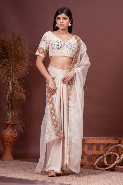 Beige Bamberg Silk Embroidered Blouse & Draped Skirt Set