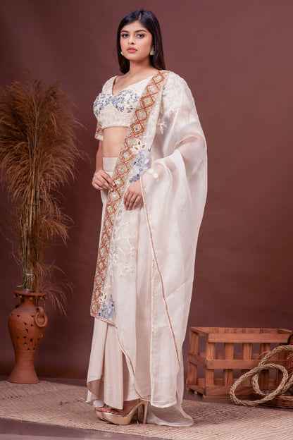 Beige Bamberg Silk Embroidered Blouse & Draped Skirt Set