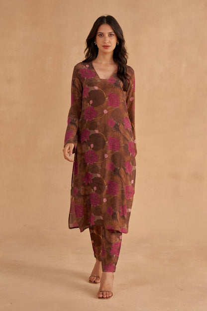 Walnut Brown Crepe Silk Kurta in Signature Lotus Print with Matching Pants and Organza Dupatta