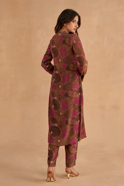 Walnut Brown Crepe Silk Kurta in Signature Lotus Print with Matching Pants and Organza Dupatta