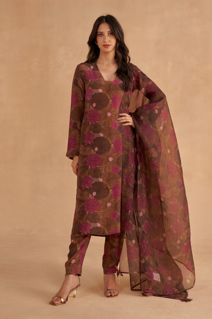 Walnut Brown Crepe Silk Kurta in Signature Lotus Print with Matching Pants and Organza Dupatta