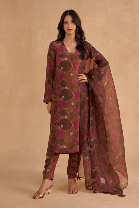 Walnut Brown Crepe Silk Kurta in Signature Lotus Print with Matching Pants and Organza Dupatta