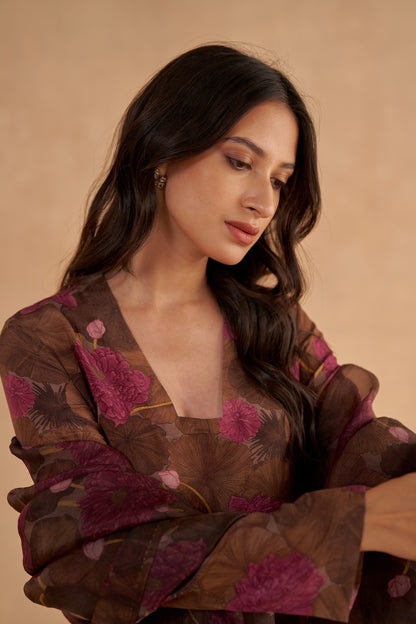 Walnut Brown Crepe Silk Kurta in Signature Lotus Print with Matching Pants and Organza Dupatta