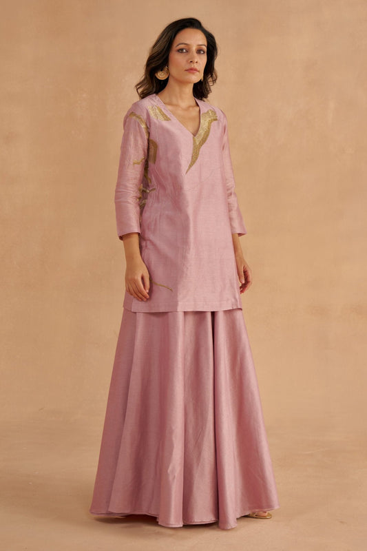 Lilac Chanderi Kurta with Zardozi Lotus Motif and Flared Sharara Pants with Slit