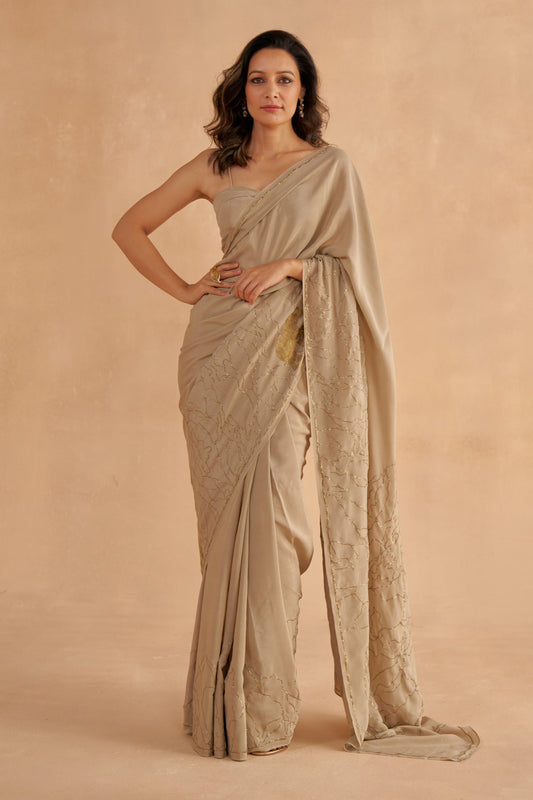 Warm Grey Crepe Silk Saree with Zardozi Embroidery and Strappy Embroidered Blouse
