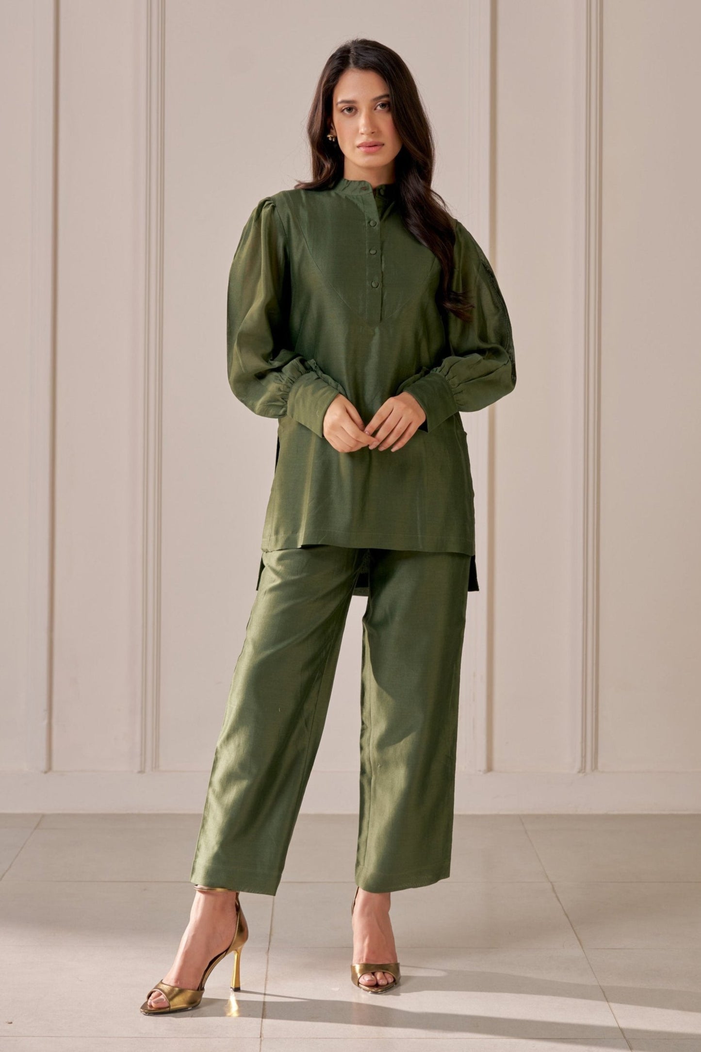 Bottle Green Embroidered Chanderi Co-Ord Set