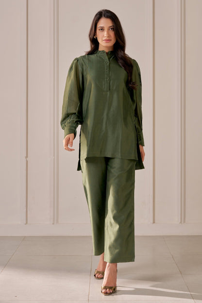 Bottle Green Embroidered Chanderi Co-Ord Set