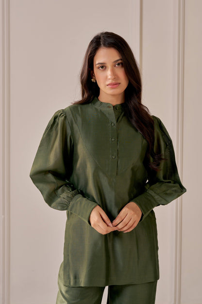 Bottle Green Embroidered Chanderi Co-Ord Set