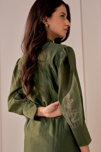 Bottle Green Embroidered Chanderi Co-Ord Set