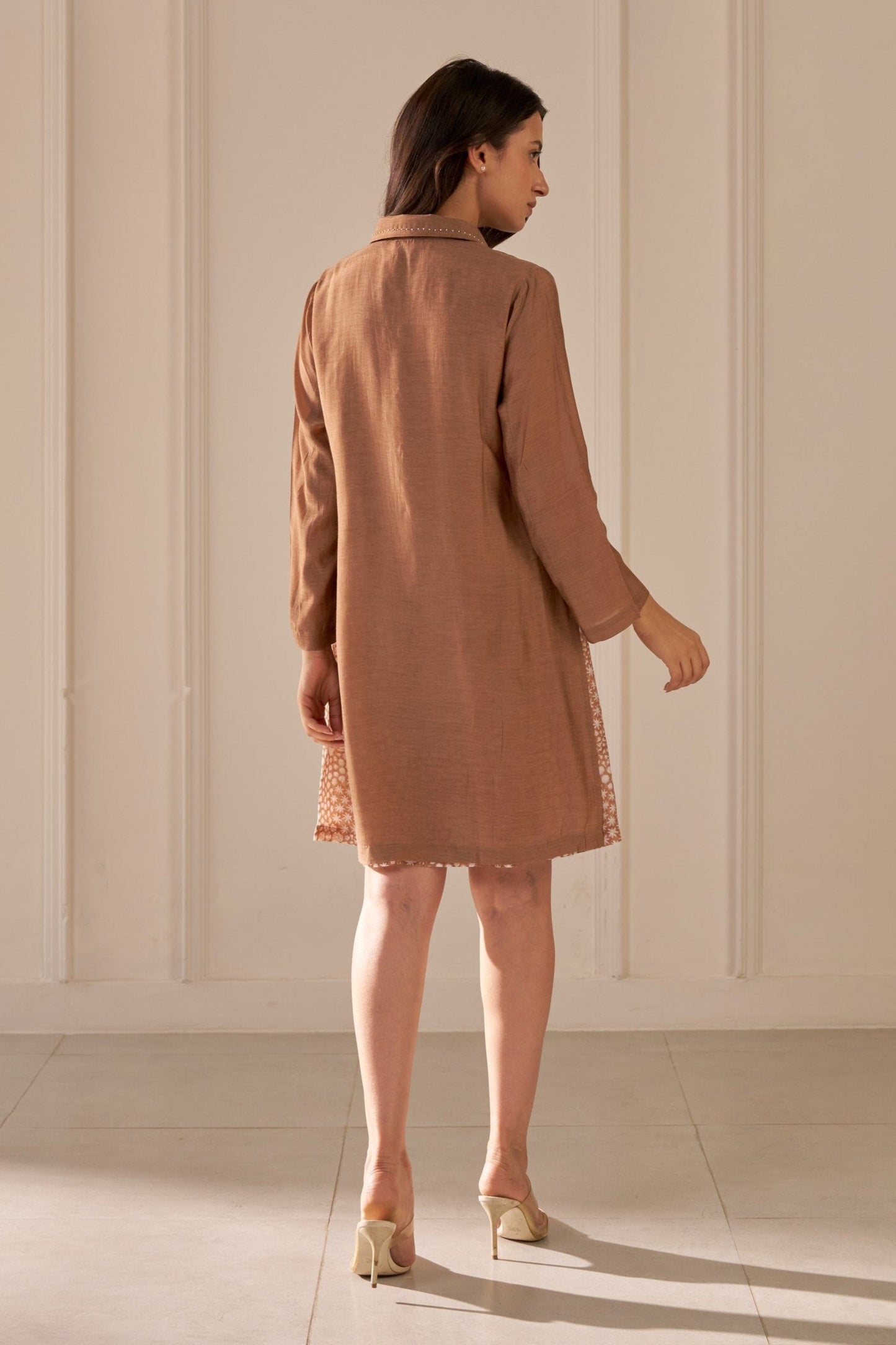 Brown Mandi Block Printed Shirt Dress