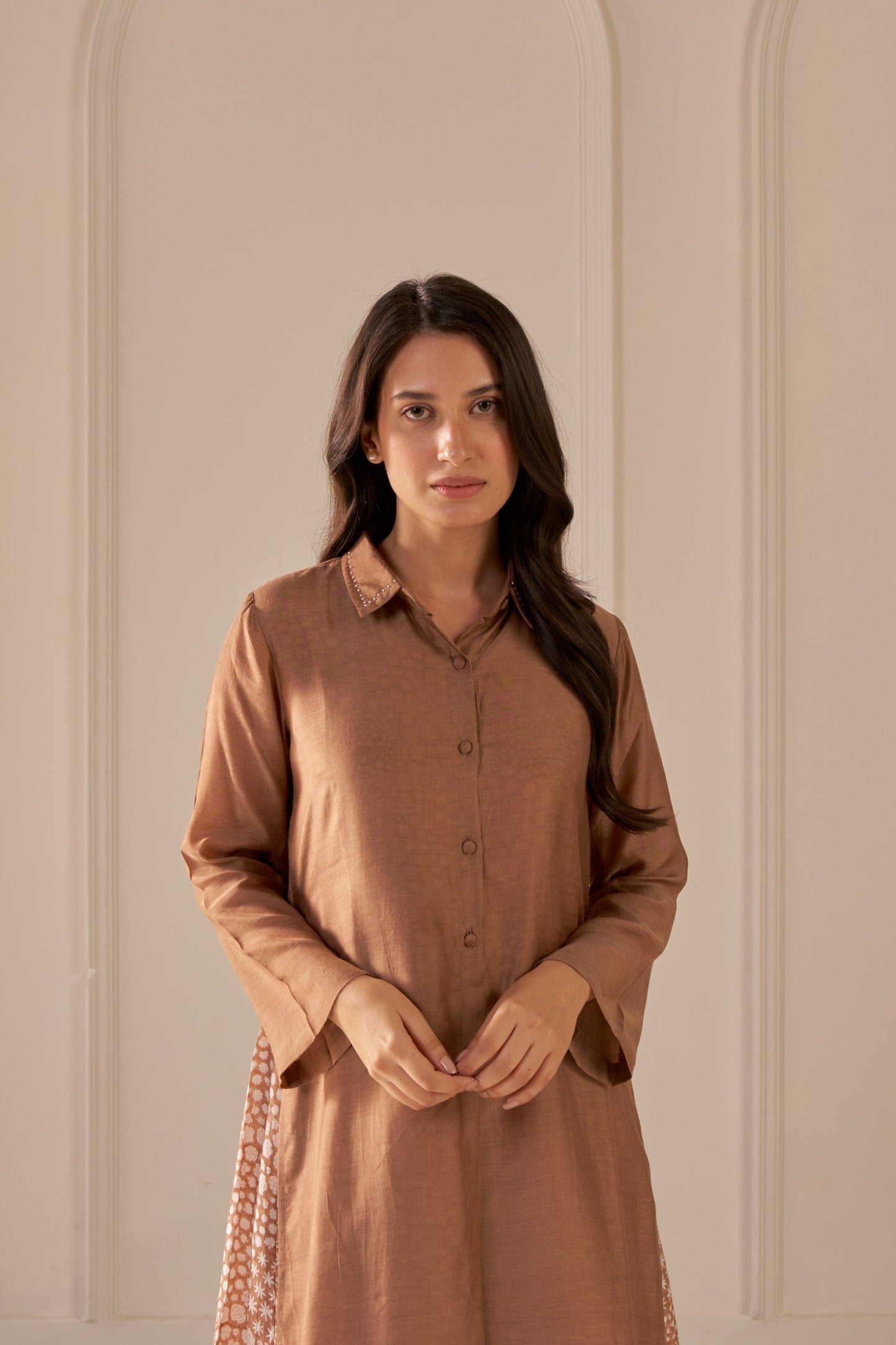 Brown Mandi Block Printed Shirt Dress