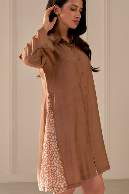 Brown Mandi Block Printed Shirt Dress