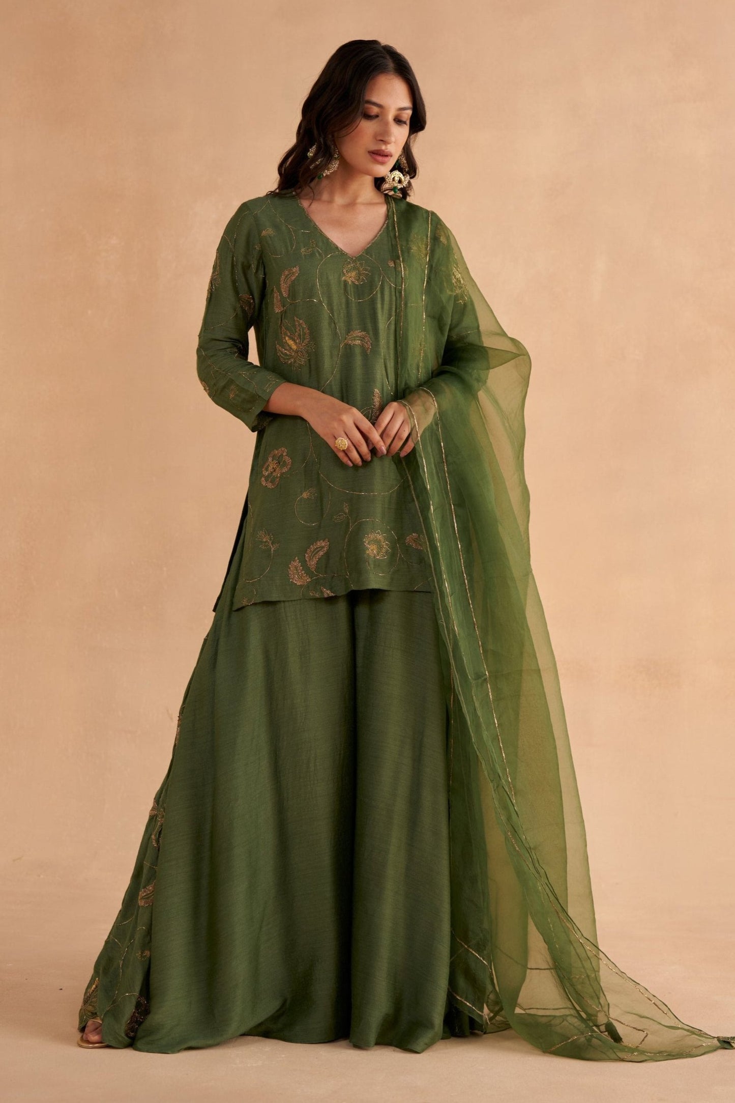 Bottle Green Silk Kurta with Zardozi Embroidery Flared Sharara Pants and Organza Dupatta