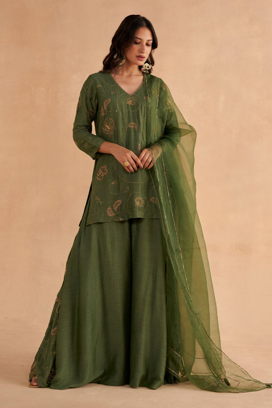 Bottle Green Silk Kurta with Zardozi Embroidery Flared Sharara Pants and Organza Dupatta
