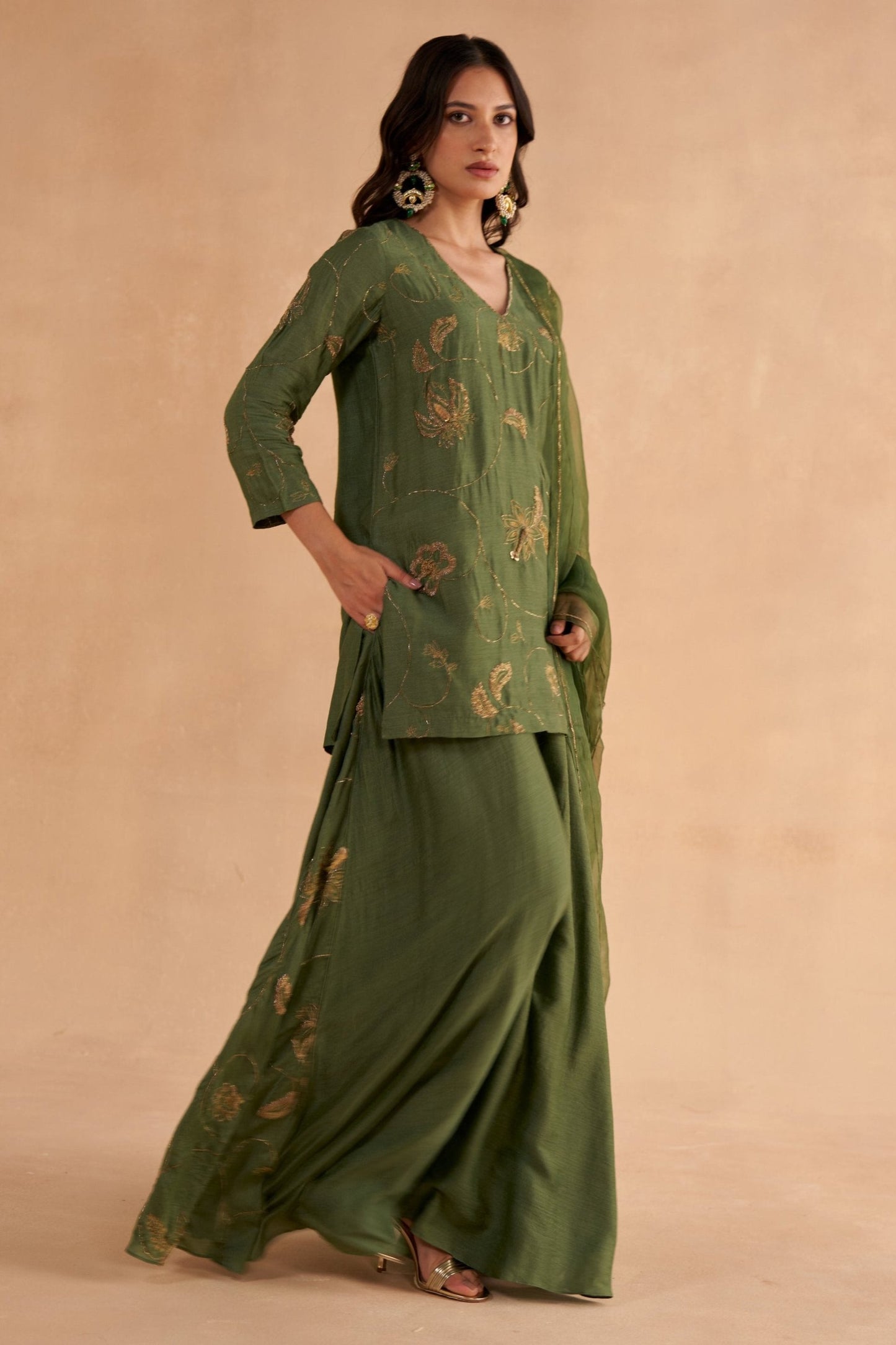 Bottle Green Silk Kurta with Zardozi Embroidery Flared Sharara Pants and Organza Dupatta