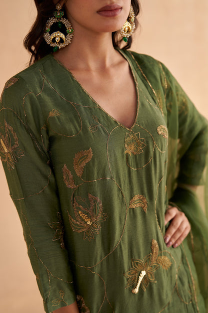 Bottle Green Silk Kurta with Zardozi Embroidery Flared Sharara Pants and Organza Dupatta