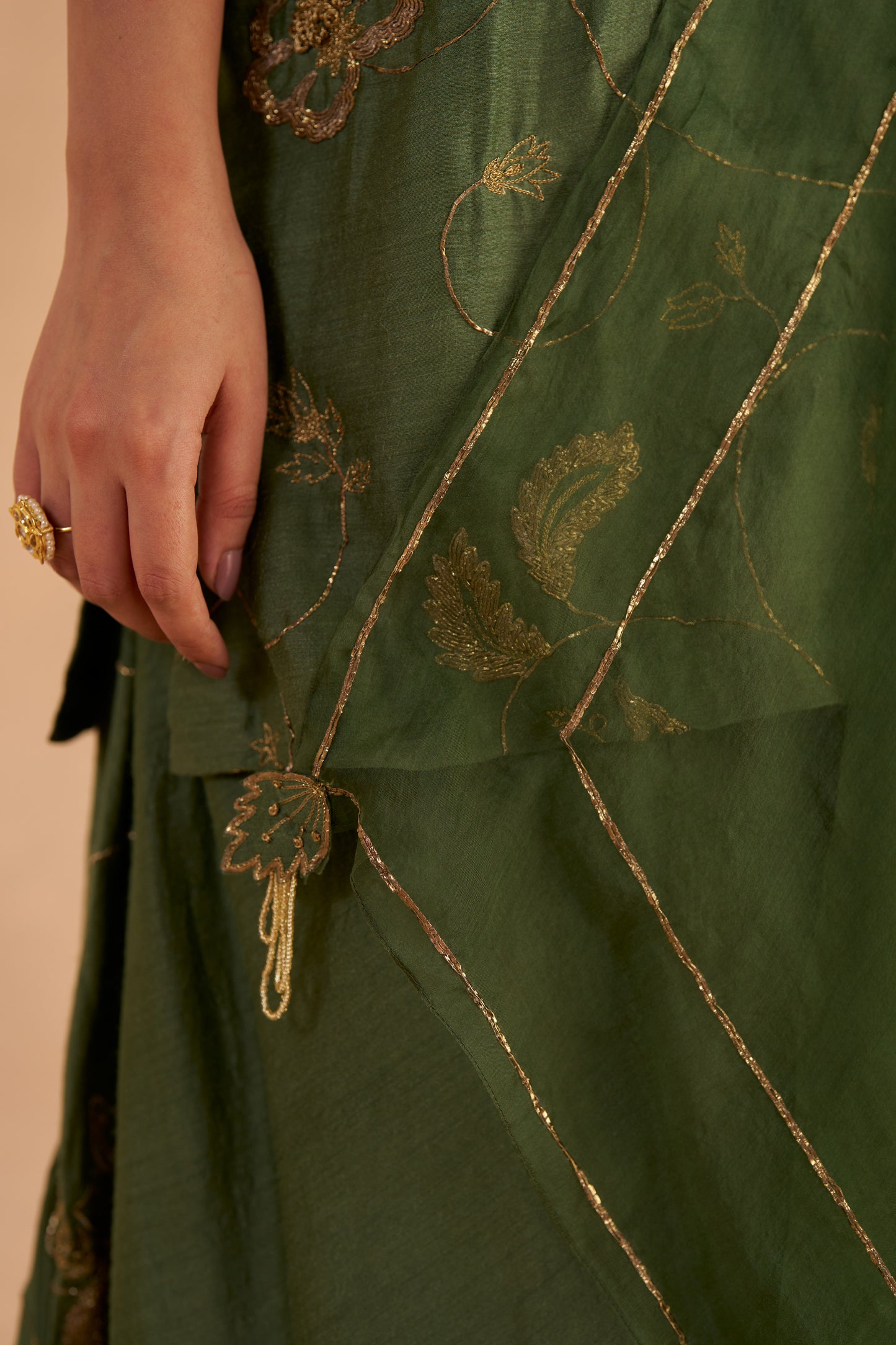 Bottle Green Silk Kurta with Zardozi Embroidery Flared Sharara Pants and Organza Dupatta