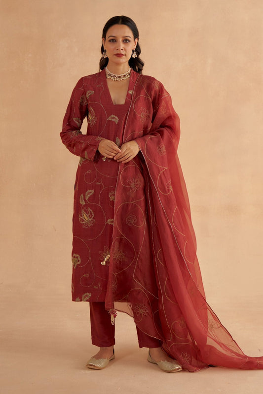 Mahogany Red Fine Silk Zardozi Embroidered Kurta with Silk Tapered Pants and Organza Dupatta