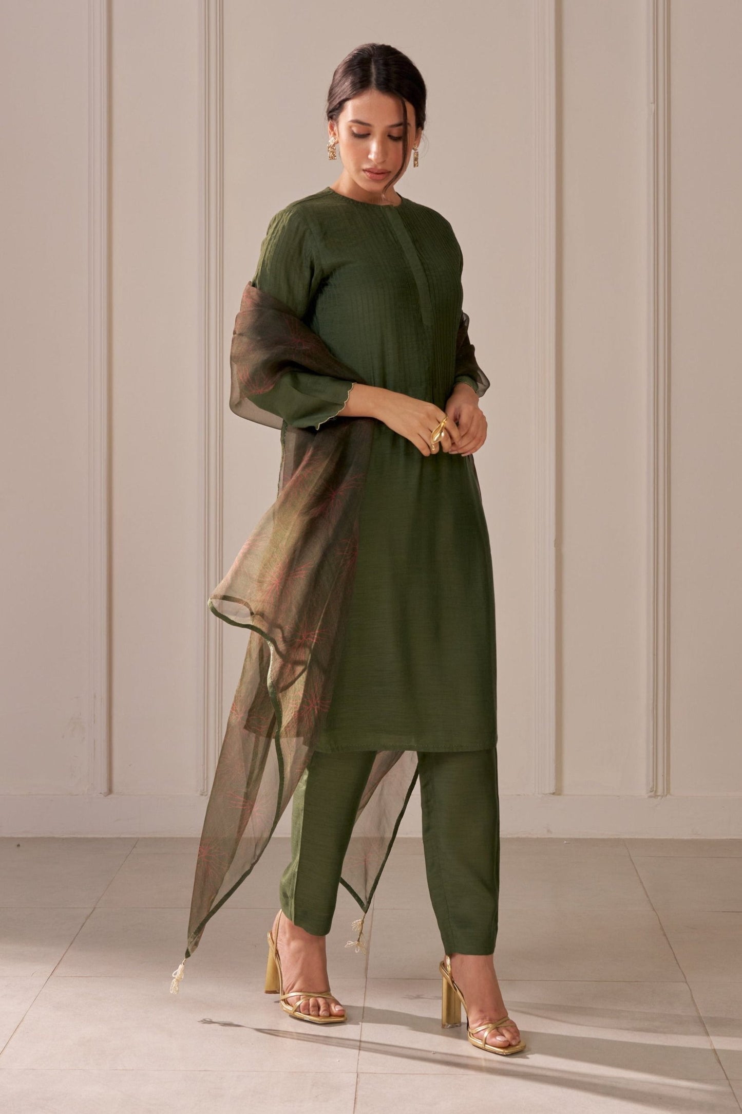 Bottle Green Embroidered Tailored Kurta Set