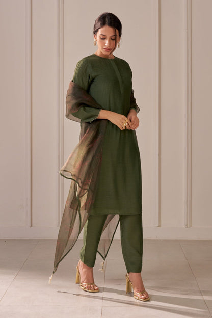 Bottle Green Embroidered Tailored Kurta Set