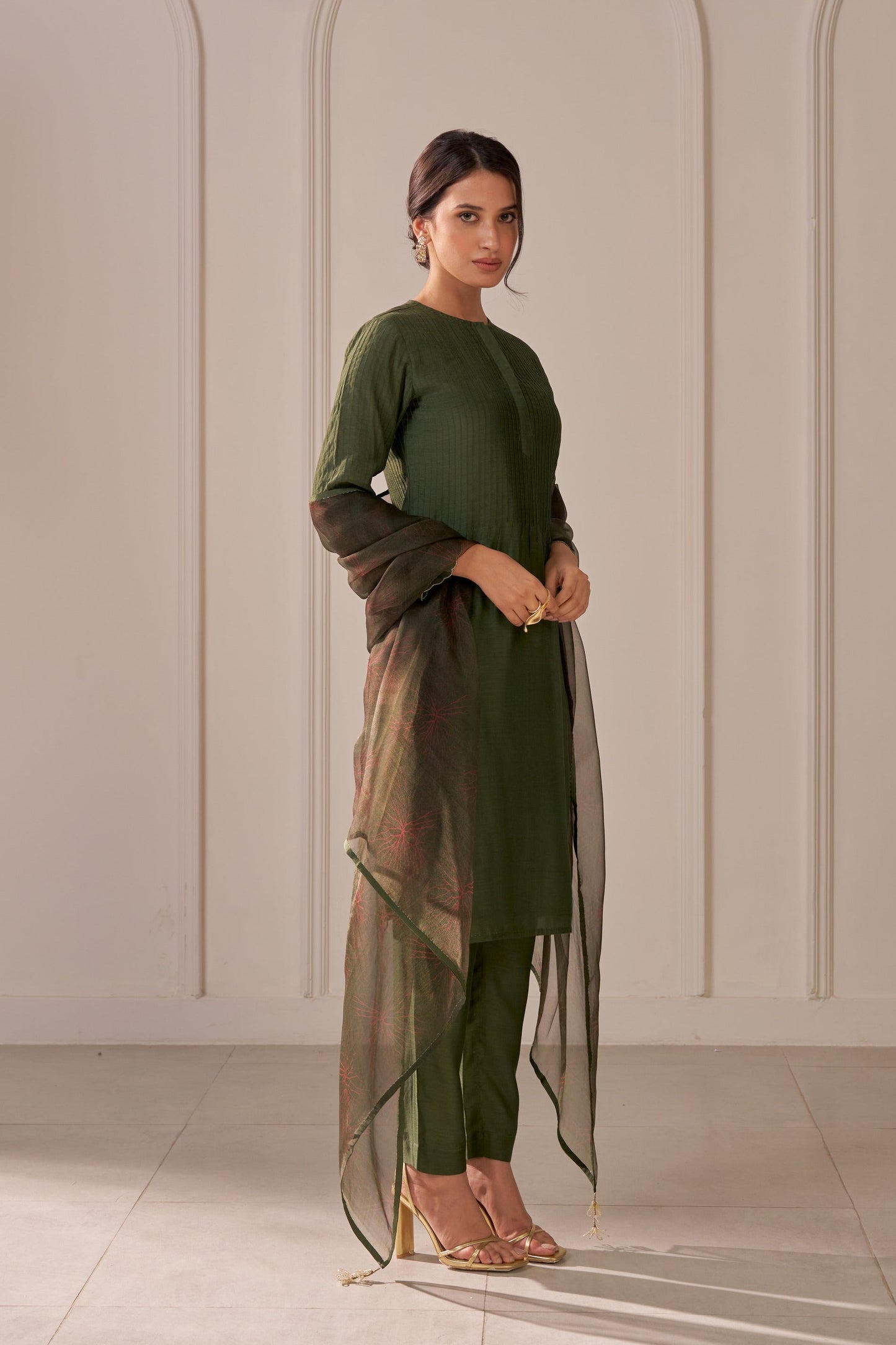 Bottle Green Embroidered Tailored Kurta Set