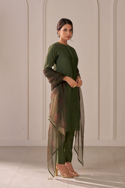 Bottle Green Embroidered Tailored Kurta Set
