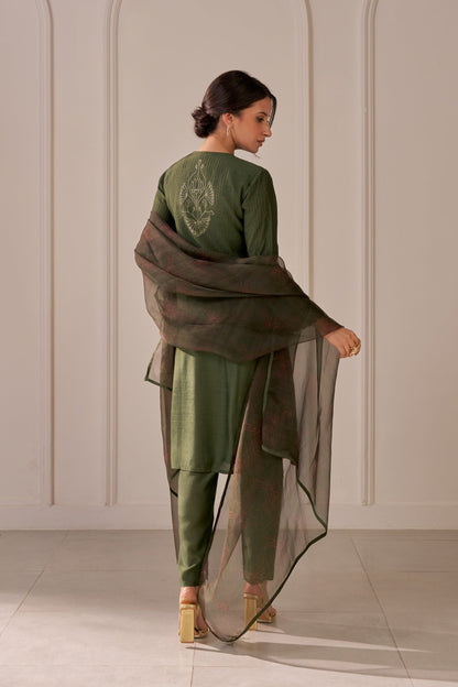 Bottle Green Embroidered Tailored Kurta Set