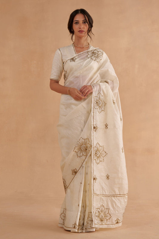 Vintage Ivory Tussar Saree with Gold Zardozi Embroidery and Paper Tussar blouse with Zari Embroidery