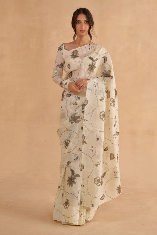 Vintage Ivory Tussar Saree with Chintz Print and Full-Sleeve Blouse