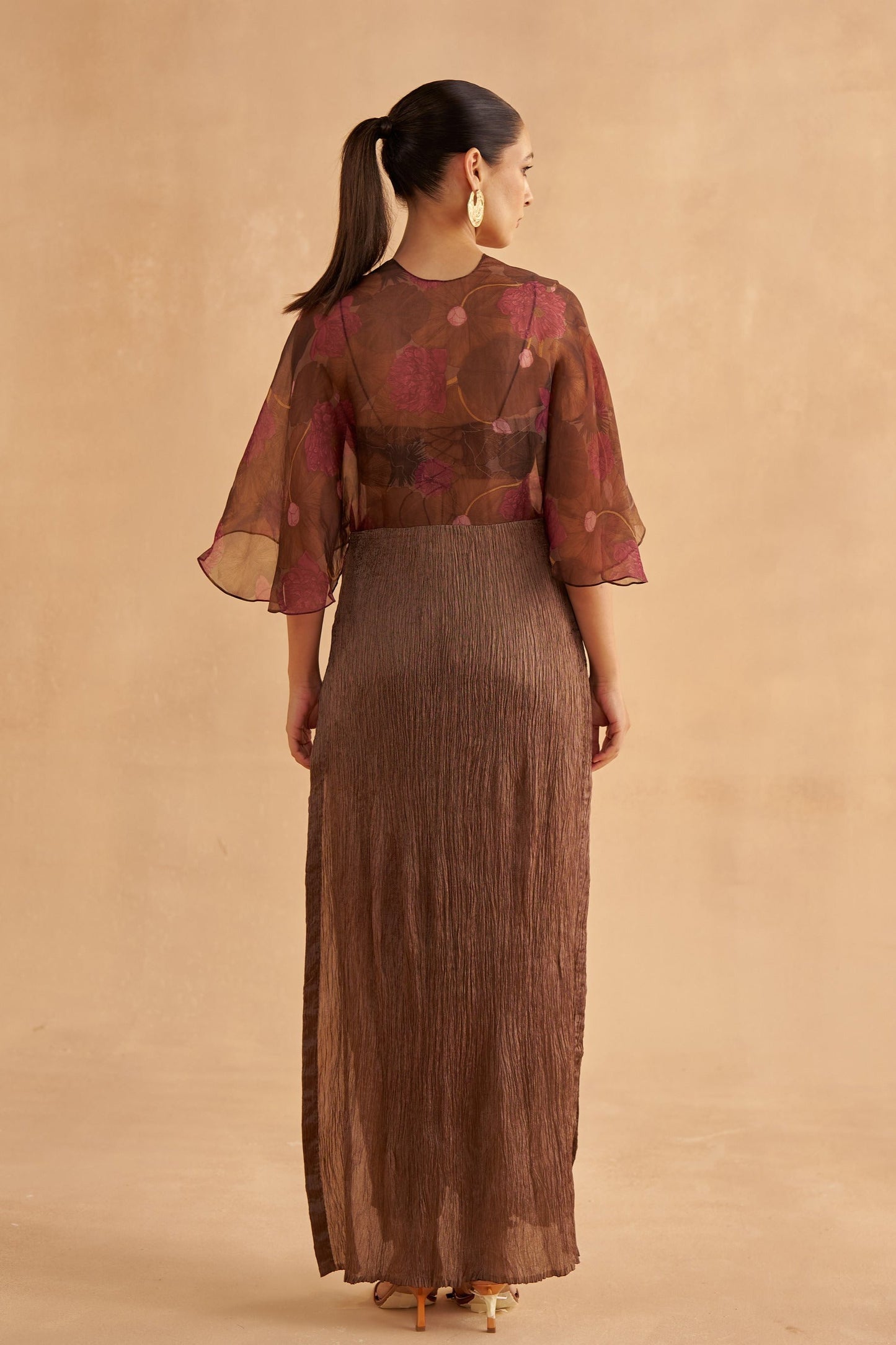 Walnut Brown Crushed Dress with Lotus-Printed Organza Overlay and Dark Brown Silk Pants with an Embroidered Bustier Blouse