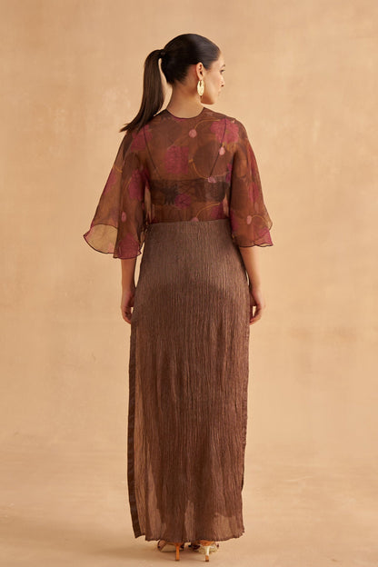 Walnut Brown Crushed Dress with Lotus-Printed Organza Overlay and Dark Brown Silk Pants with an Embroidered Bustier Blouse