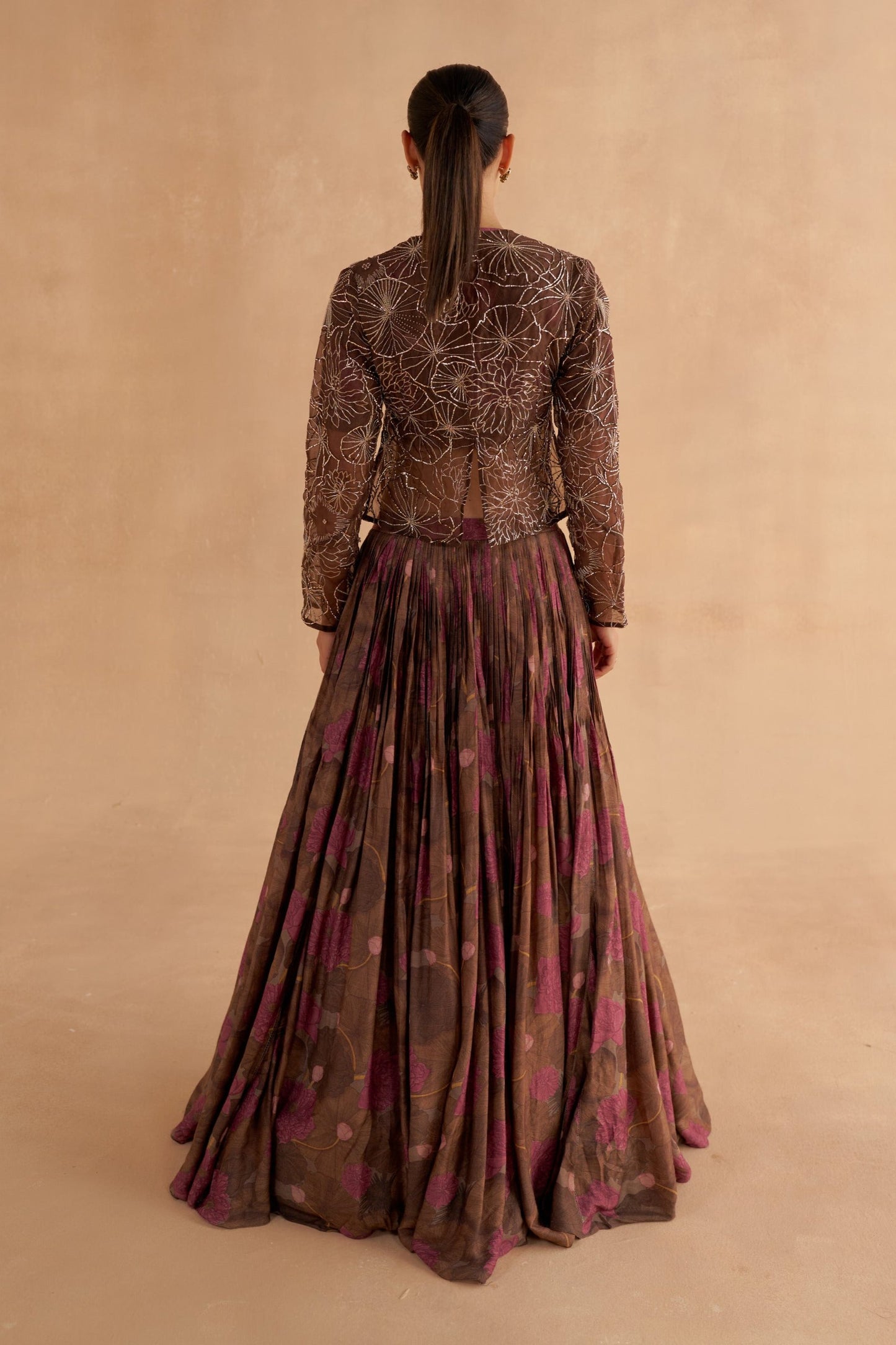 Dark Brown Organza Jacket with Lotus Motif Zardozi and Mukaish Embroidery