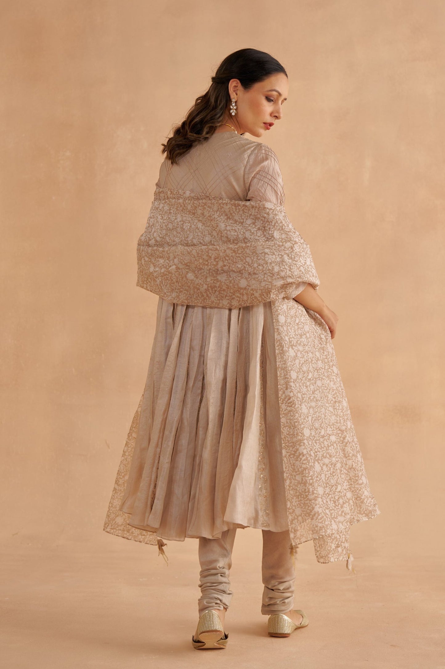 Warm Grey Embroidered Kalidar Kurta with Chanderi Churidar pants and Statement Organza Dupatta