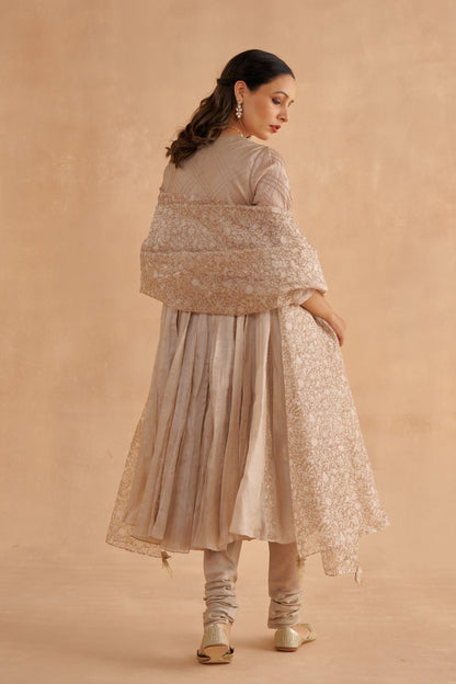 Warm Grey Embroidered Kalidar Kurta with Chanderi Churidar pants and Statement Organza Dupatta