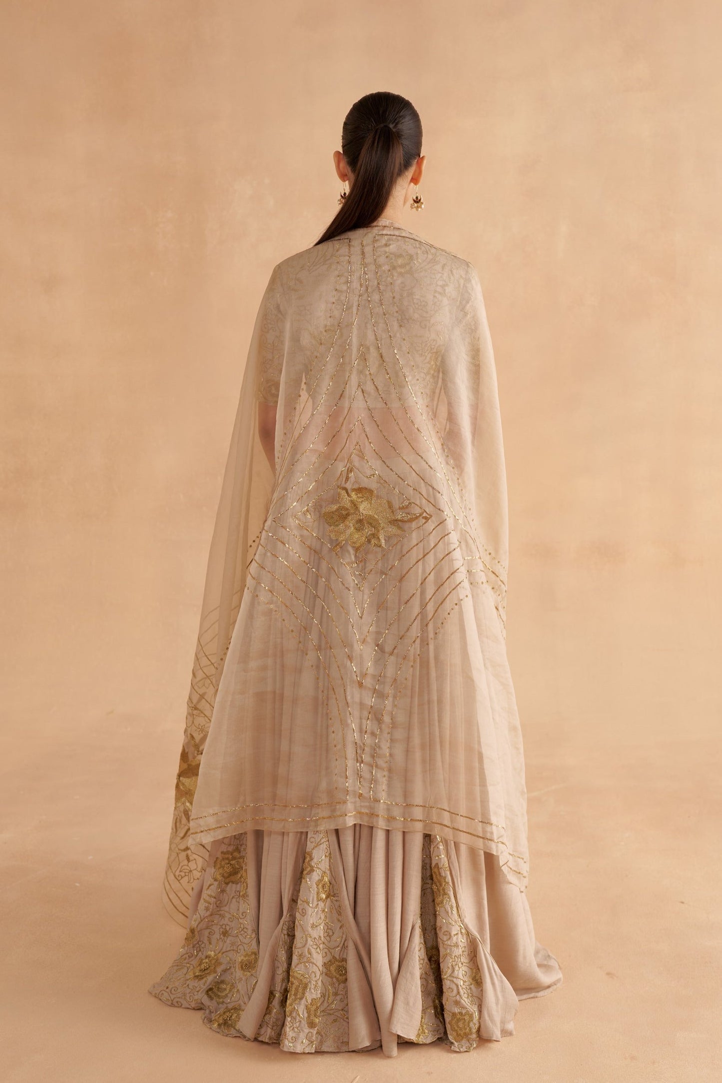 Warm Grey Moonga Silk Blouse with Zardozi Embroidery Silk Lehenga and Organza Dupatta