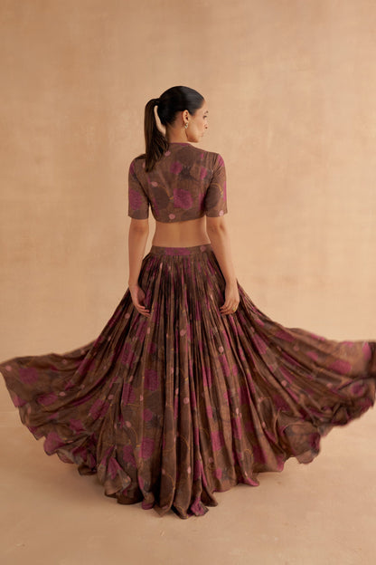 Zardozi Embroidery Paired with Brown Silk Blouse and Lotus Printed Lehenga